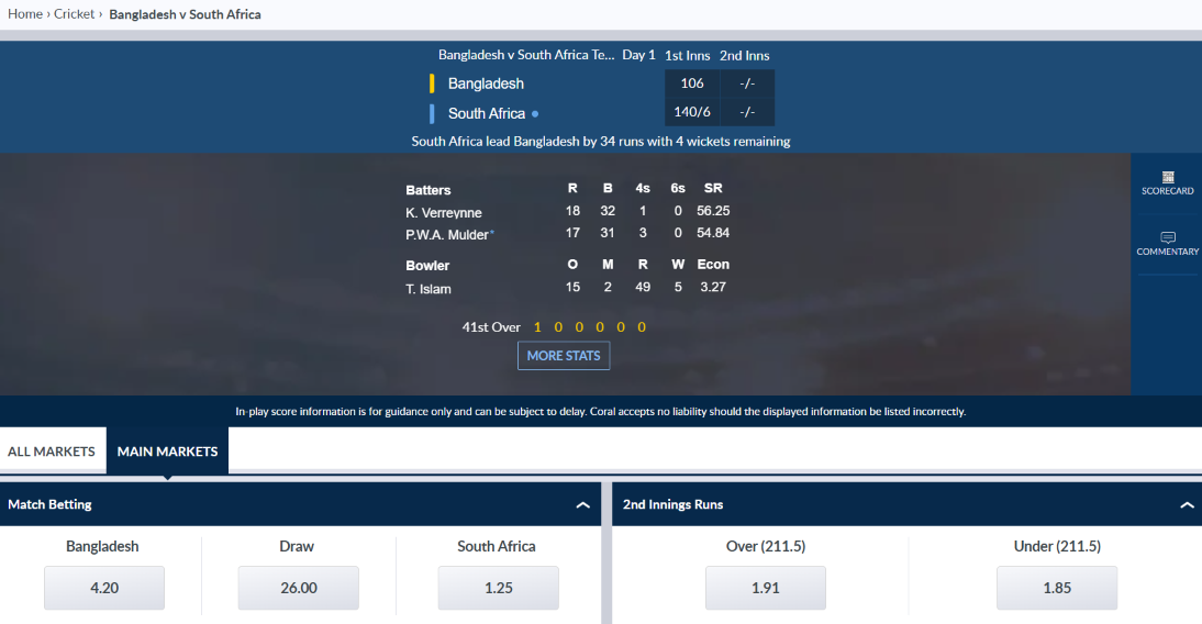 Screenshot from Coral website of cricket betting markets between Bangladesh and South Africe